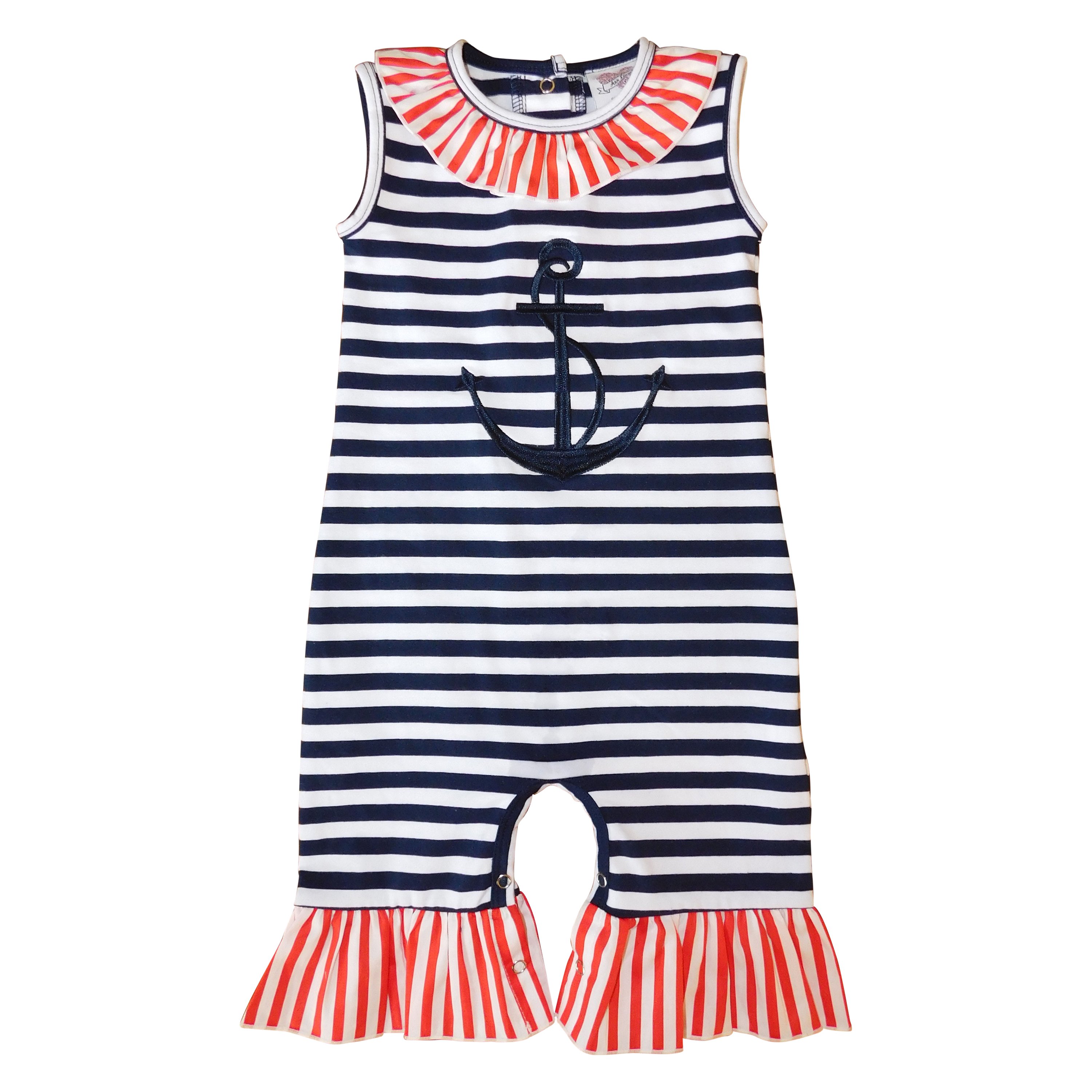 AnnLoren Baby Girls Summer Nautical Anchor Sailor Boutique Romper featuring red, white, and blue stripes with an embroidered anchor design.